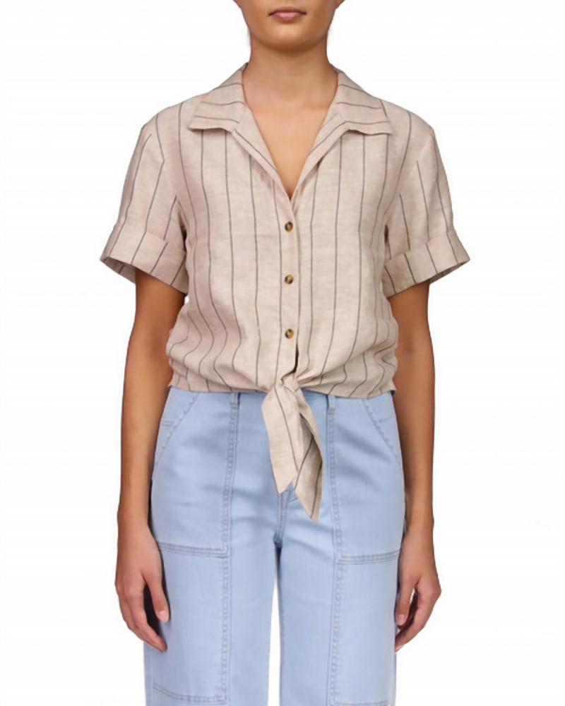 Front of a model wearing a size L Ocean Shirt Artisan Stripe in Artisan Stripe in Artisan Stripe by Sanctuary. | dia_product_style_image_id:327325